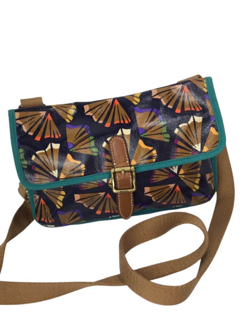 Fossil Crossbody Waxed Coated Canvas Purse Bag Colored Pencil Shavings Teal Trim